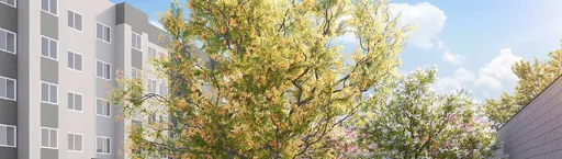 Render fachada edificio paisagismo arvores