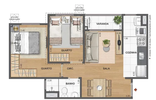 Planta apartamento 2 quartos sala cozinha varanda