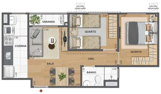 Planta apartamento 2 quartos sala cozinha varanda 2