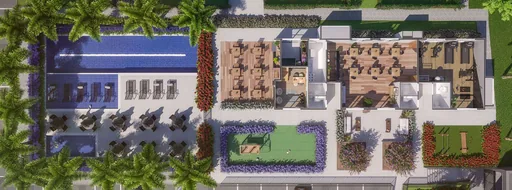 Planta area lazer piscina coworking vista aerea