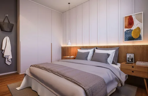 Render quarto dormitorio cabeceira madeira