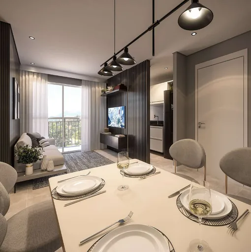 Render sala jantar cozinha apartamento