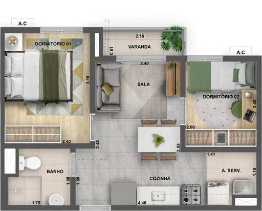 Planta apartamento 2 dormitorios com varanda