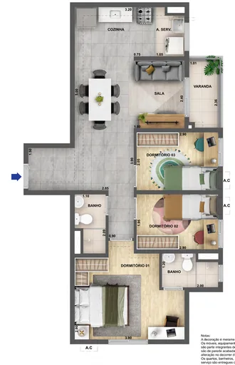 Planta apartamento 3 dormitorios com medidas