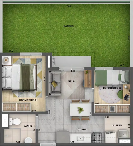 Planta apartamento dois dormitorios garden
