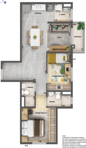 Planta apartamento dois dormitorios varanda