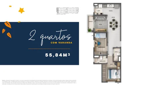 Planta 2quartos varanda 55m2