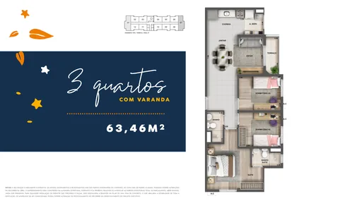 Planta 3quartos varanda 63m2