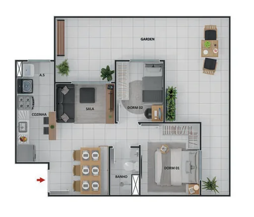 Planta apartamento 2 dormitorios garden