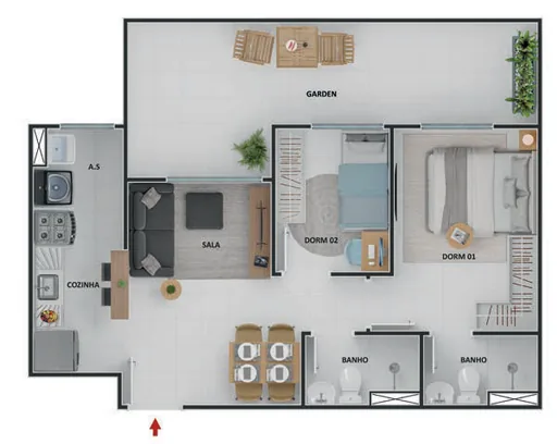 Planta apartamento 2 dormitorios garden 2