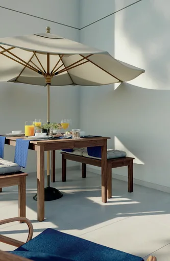 Render area externa mesa ombrelone noturno