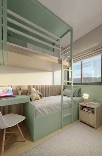 Render quarto gamer beliche iluminacao roxa