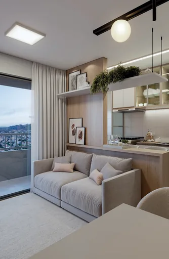 Render sala cozinha americana noturno