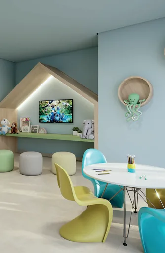 Sala entretenimento render iluminacao roxa