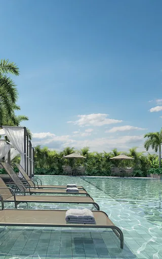 Render area piscina espreguicadeiras noturno