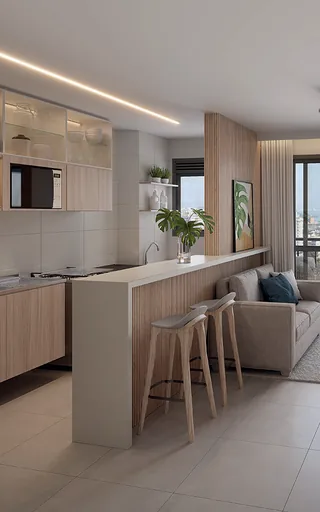 Render cozinha sala integrada ilha