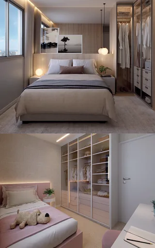 Render quarto suite closet iluminacao noturna