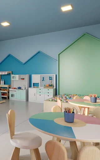 Render sala kids brinquedoteca iluminacao neon