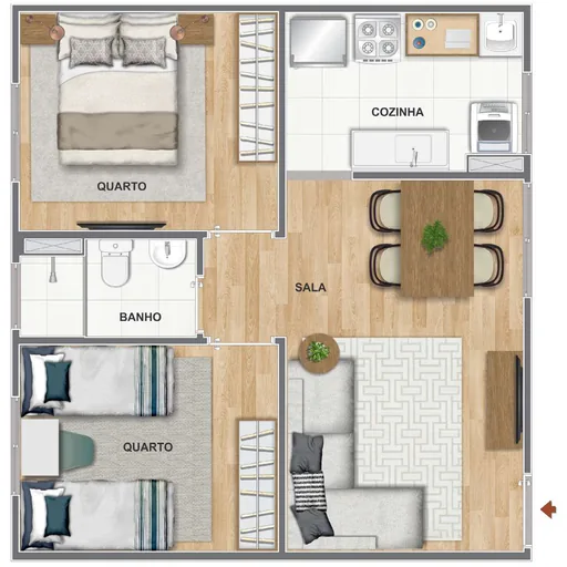 Planta apartamento 2 quartos sala cozinha banho