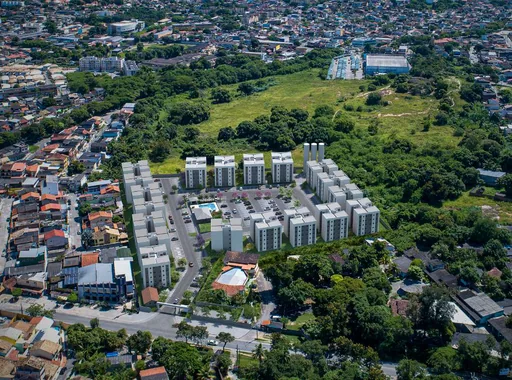 Vista aerea render condominio contexto urbano