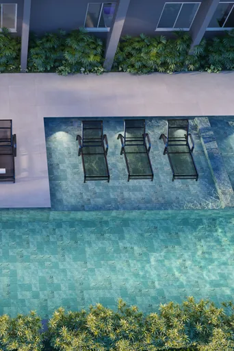 Piscina area lazer render vista aerea