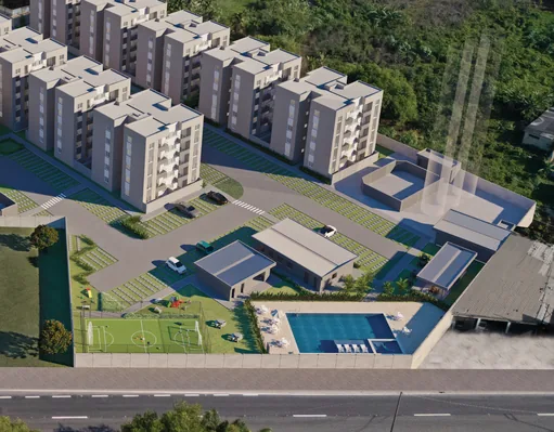 Implantacao condomininio vista aerea render