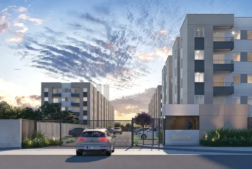 Render fachada entrada noturna condominio