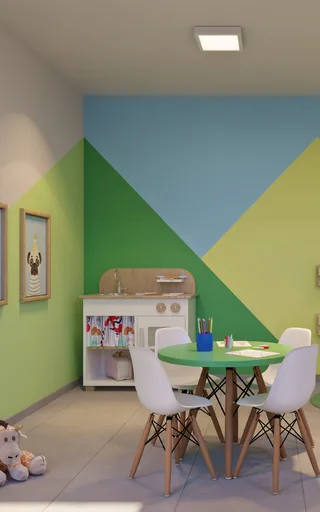 Render interior sala jantar iluminacao roxa