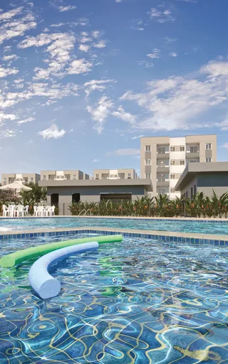 Render noturno fachada area externa empreendimento