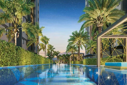 Piscina area lazer render noturno