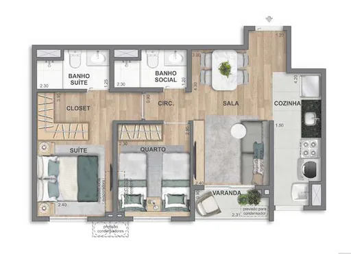 Planta 2 quartos suite varanda cozinha