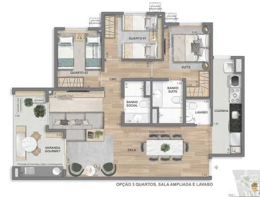 Planta 3quartos sala ampliada lavabo