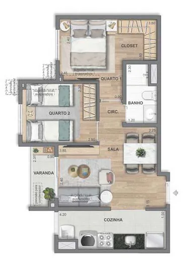 Planta apartamento 2 quartos closet varanda