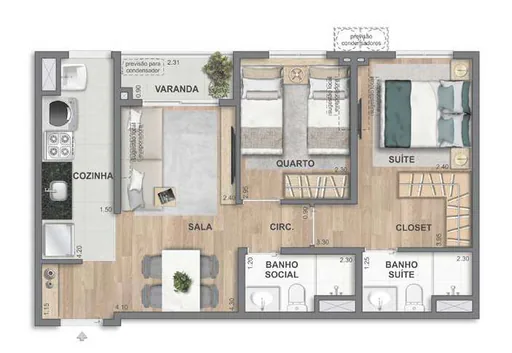 Planta apartamento 2 quartos suite varanda