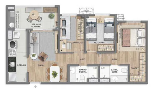 Planta apartamento 2 quartos suite varanda gourmet