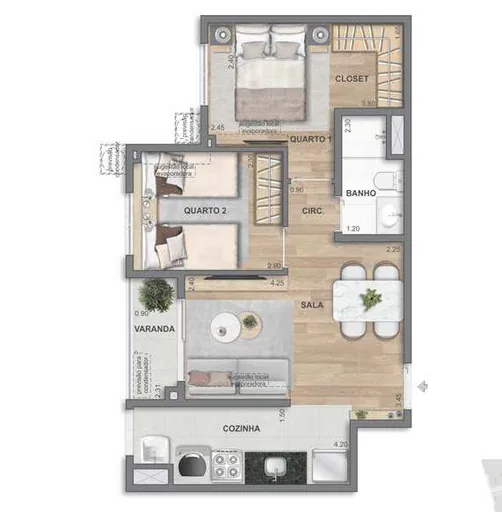 Planta apartamento 2 quartos varanda 2