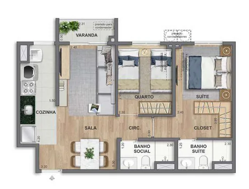 Planta apartamento 2quartos suite closet