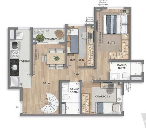 Planta apartamento 3 quartos suite 2