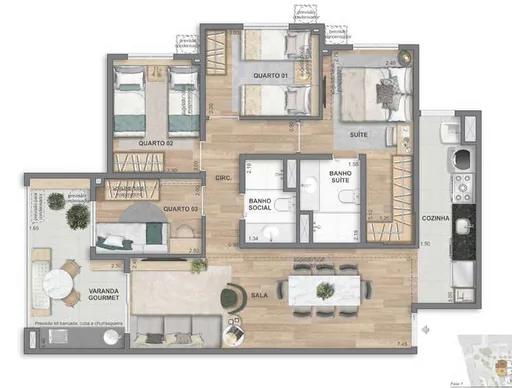 Planta apartamento 3 quartos suite varanda gourmet