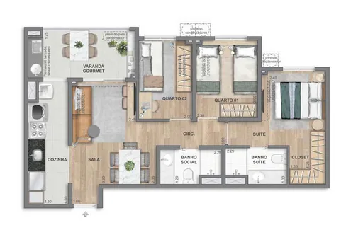 Planta apartamento 3 quartos suite varanda gourmet 2