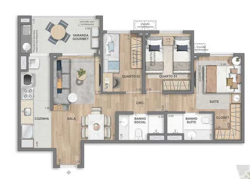 Planta apartamento 3 quartos suite varanda gourmet 3