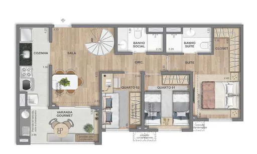 Planta apartamento 3 quartos suite varanda gourmet 4