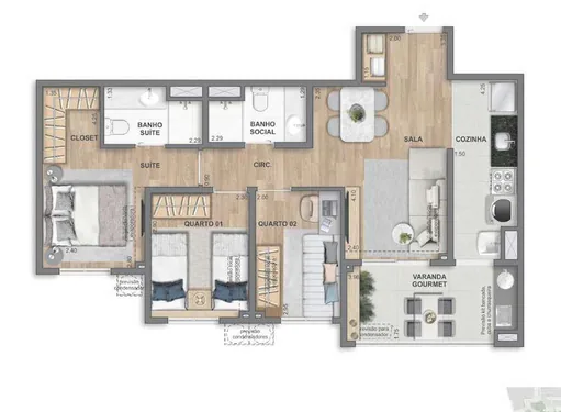 Planta apartamento 3 quartos varanda gourmet