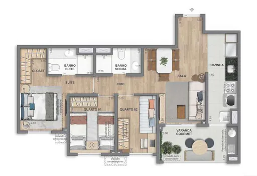 Planta apartamento 3 quartos varanda gourmet 2