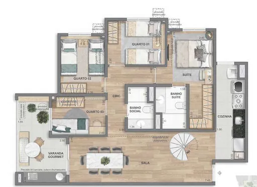 Planta apartamento 3 quartos varanda gourmet 3