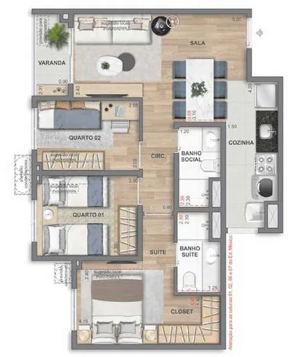 Planta apartamento 3quartos suite closet