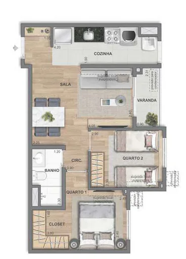 Planta apartamento dois quartos varanda