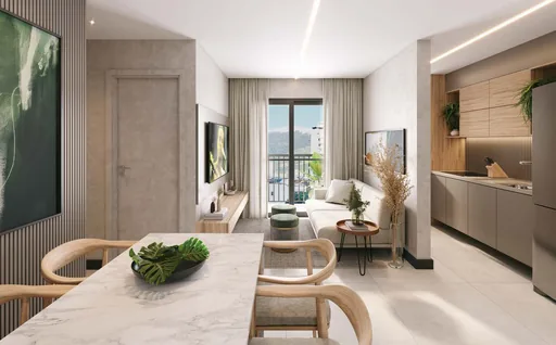 Render sala jantar cozinha apartamento