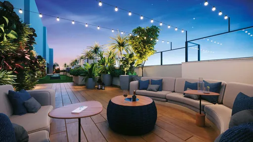 Rooftop lounge area render noturno