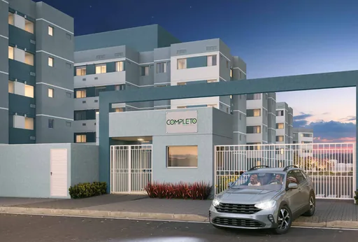 Fachada entrada condominio noturna render